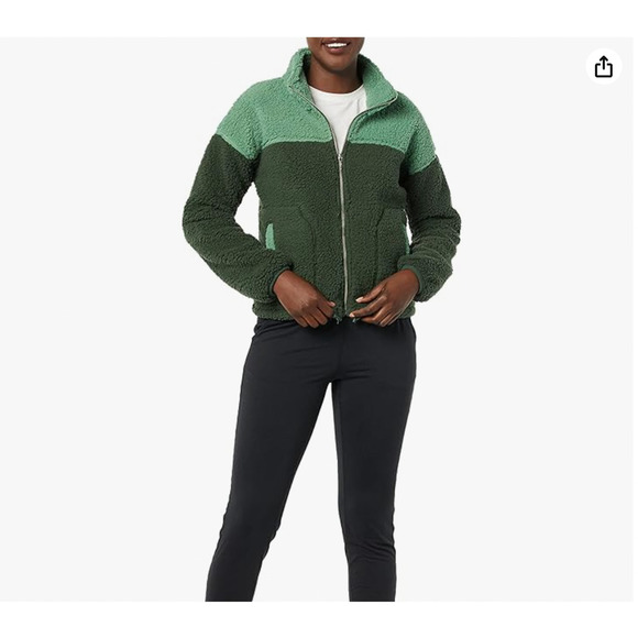 Amazon Essentials Jacket Large Green Sherpa Fleece Full Zip Colorblock Warm NEW - Picture 9 of 9